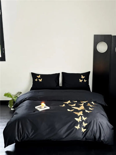 Golden Black Luxury Chic Butterfly Embroidered Duvet Cover Set, 1000TC Egyptian Cotton Bedding Set